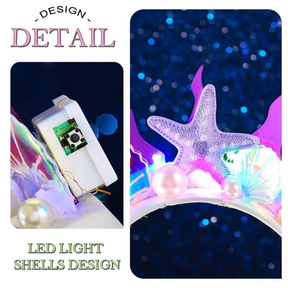 Light Up Mermaid Headband Glitter Starfish Shell Pearl Costume Hair Accessory